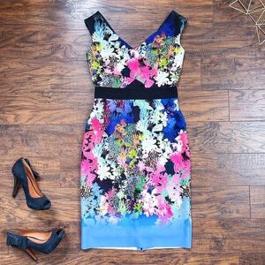 MILLY • Floral Ombré Sleeveless Sheath dress blue pink sleeveless scuba